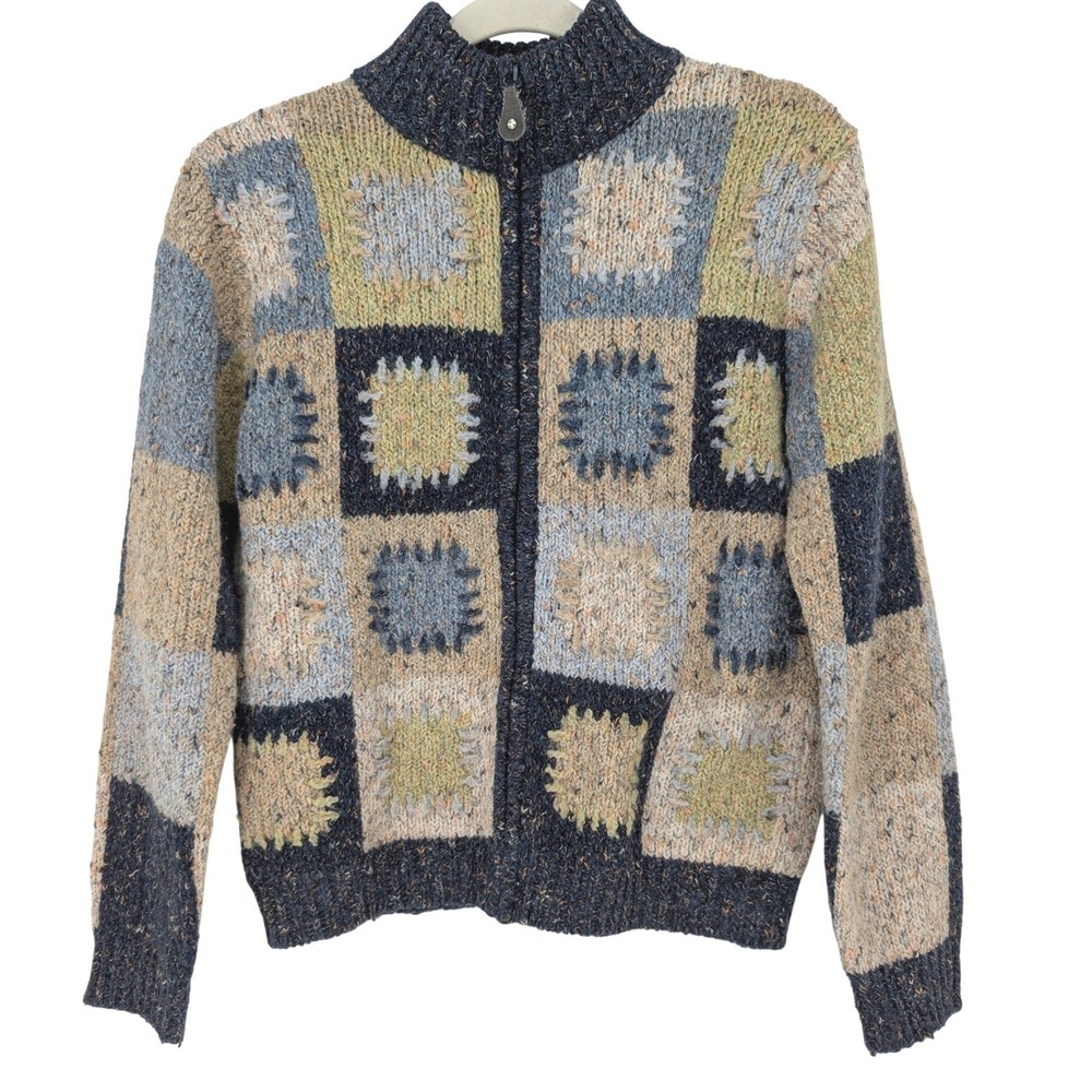 VTG 90s Cardigan Sweater Womens S Blue Patchwork Wool Blend Rustic Cabin Cottage